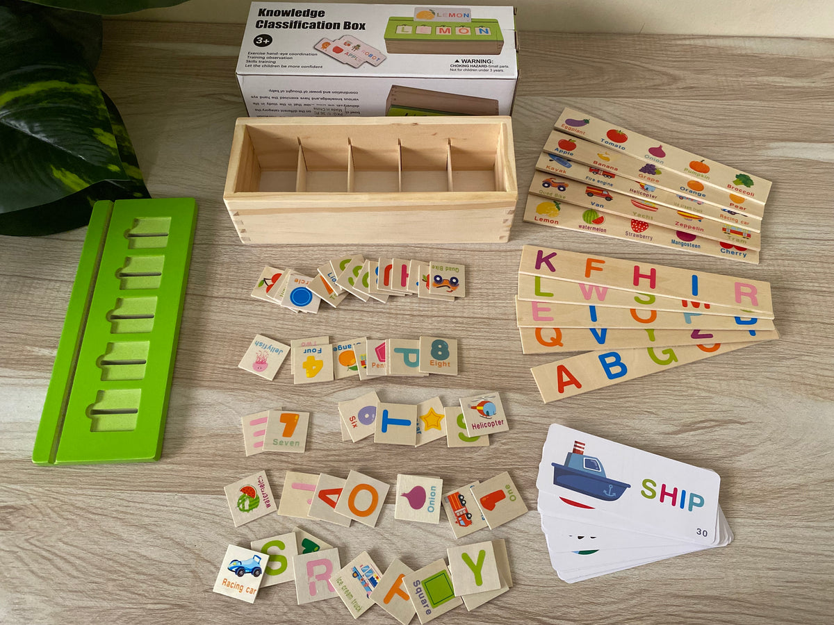 Montessori Wooden Knowledge Classification Box – Alphabet, Numbers & Matching Learning Toy