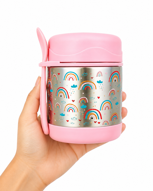 Kids Stainless Steel Insulated Food Jar with Spoon – Pink Rainbow Design - 325ml