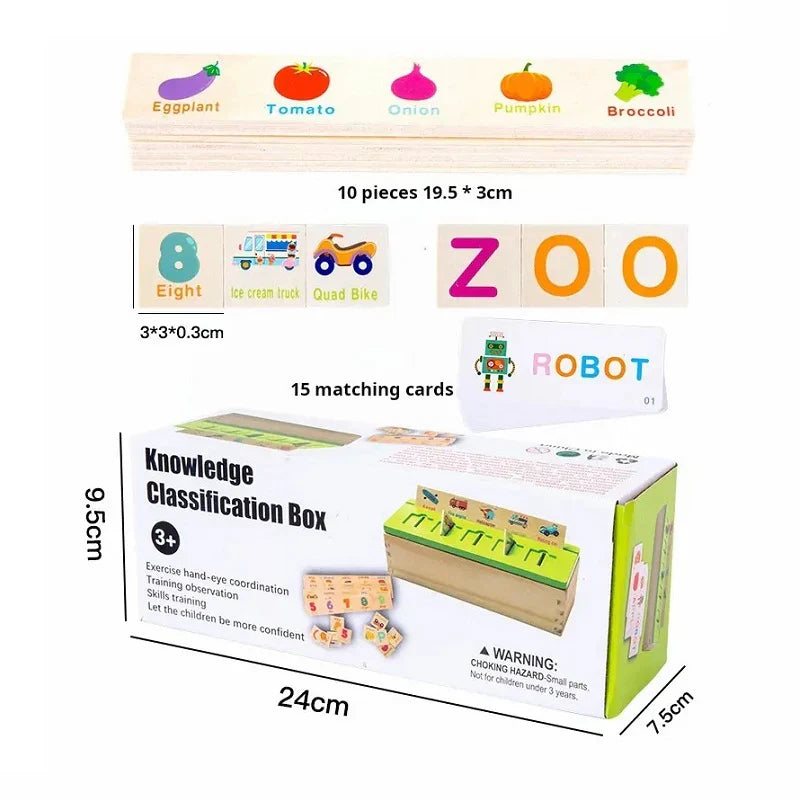 Montessori Wooden Knowledge Classification Box – Alphabet, Numbers & Matching Learning Toy