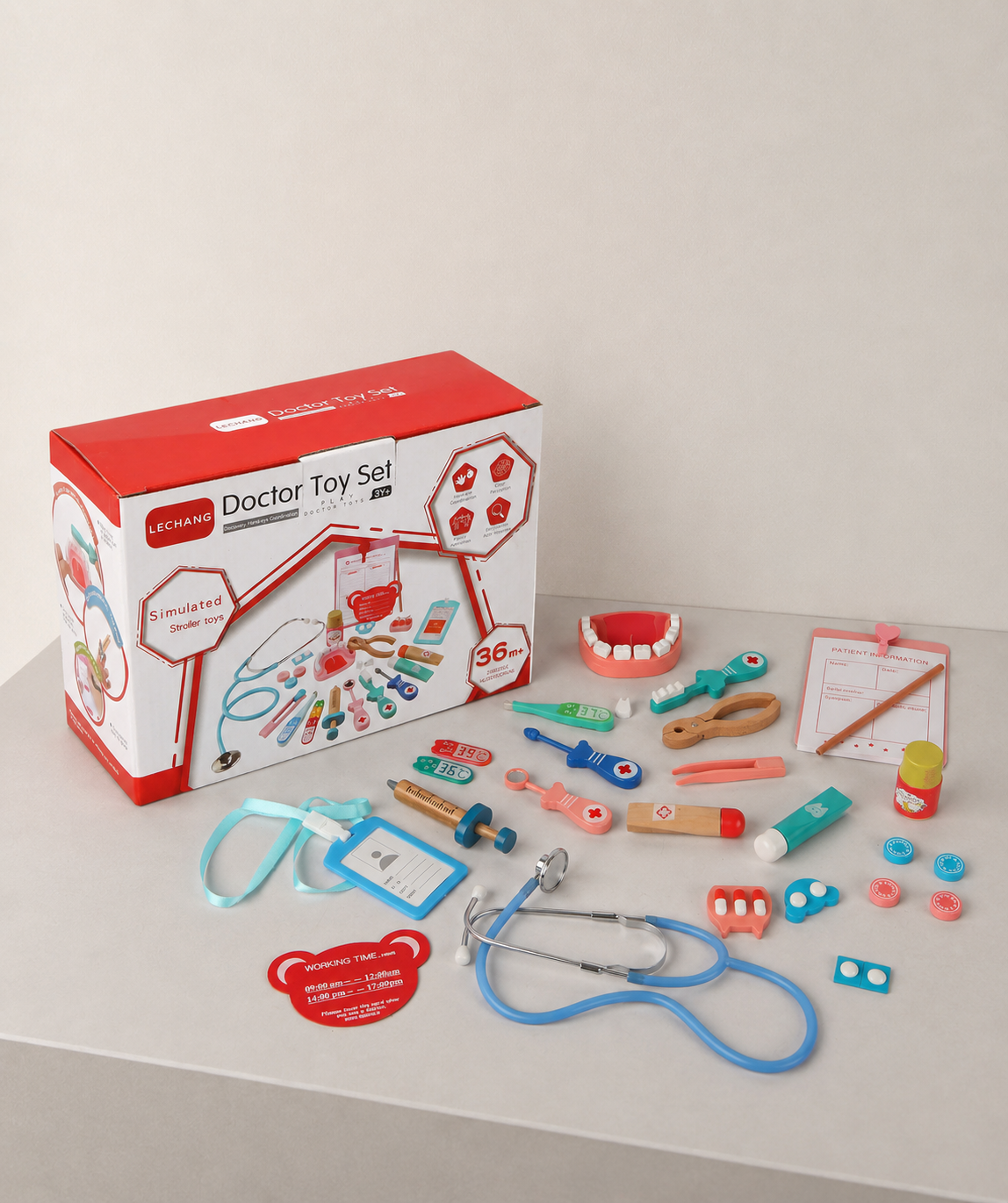 Premium wooden doctor toy set with stethoscope, syringe, and medical accessories in carrying case⁠