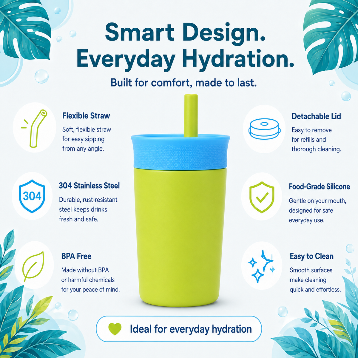 Kids Straw Tumbler 360ml | Insulated Stainless Steel | Spill & Leak-Proof | Tropical Splash