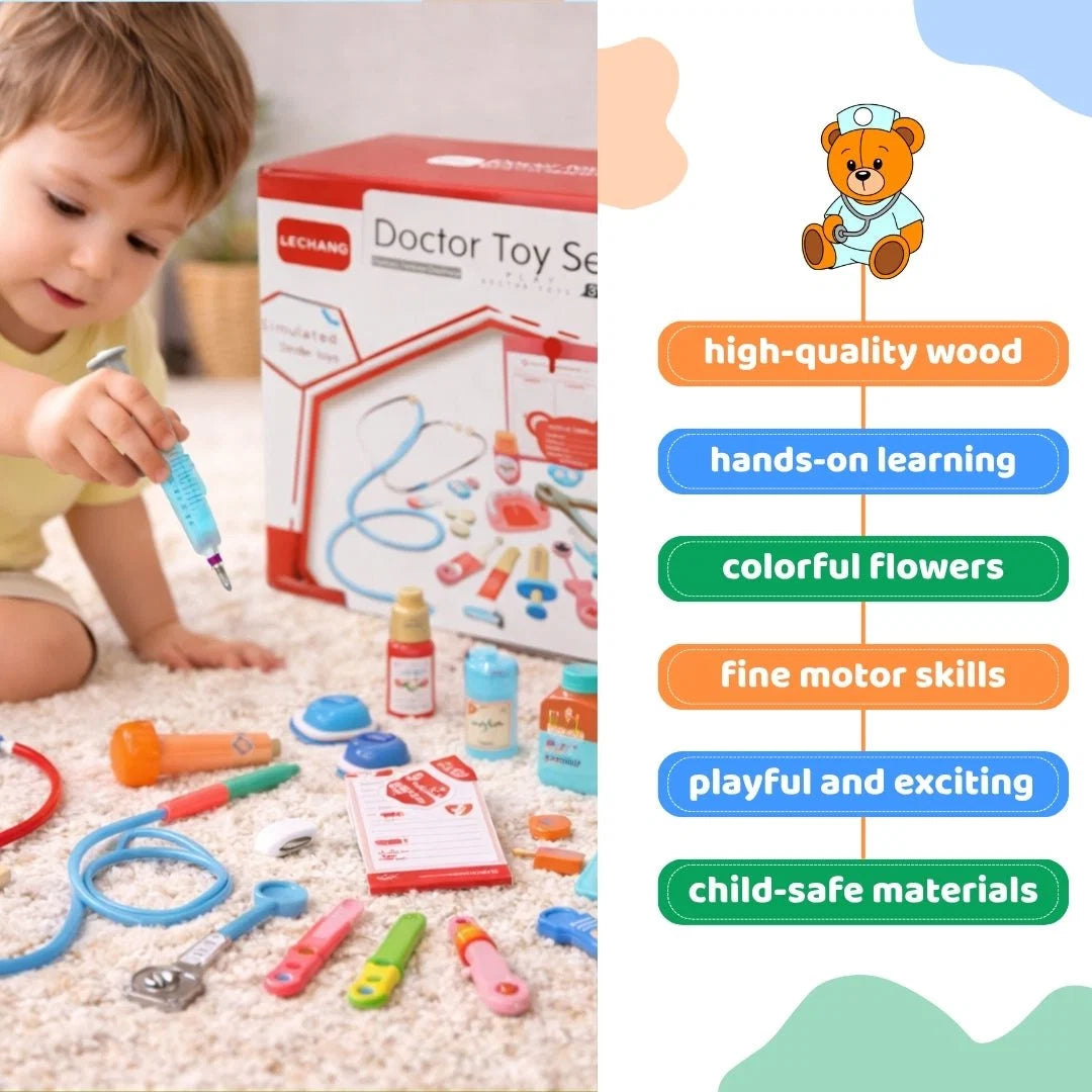 Premium wooden doctor toy set with stethoscope, syringe, and medical accessories in carrying case⁠