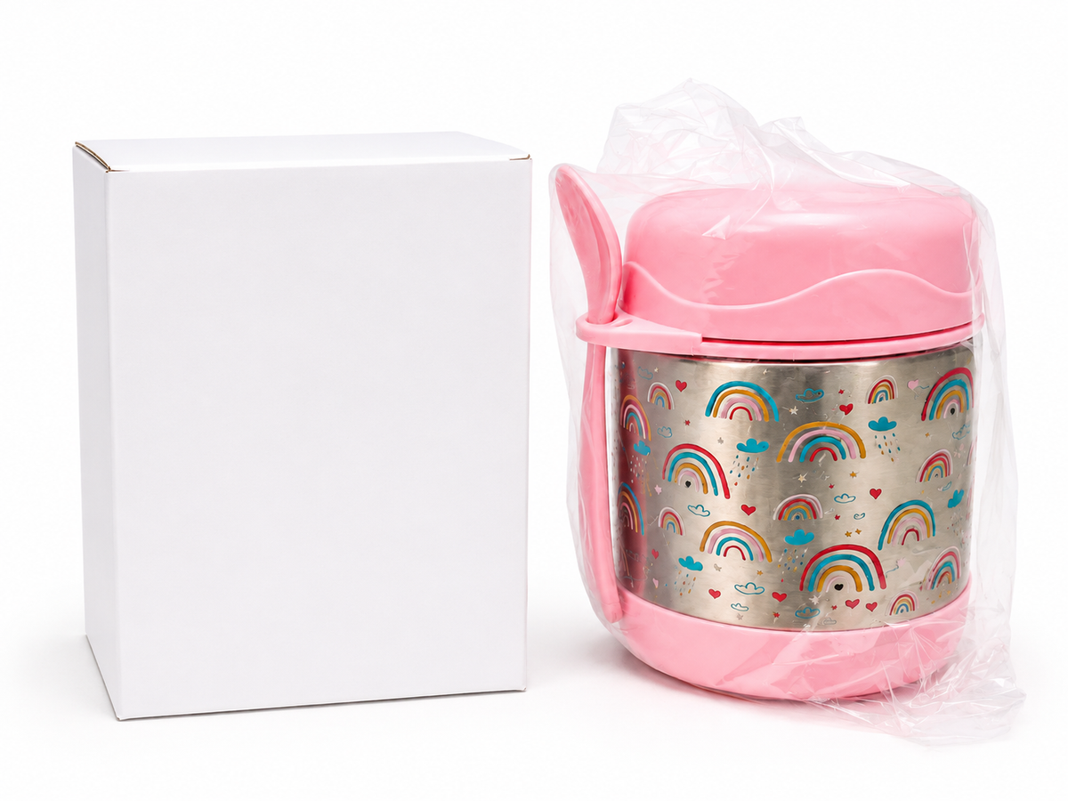 Kids Stainless Steel Insulated Food Jar with Spoon – Pink Rainbow Design - 325ml