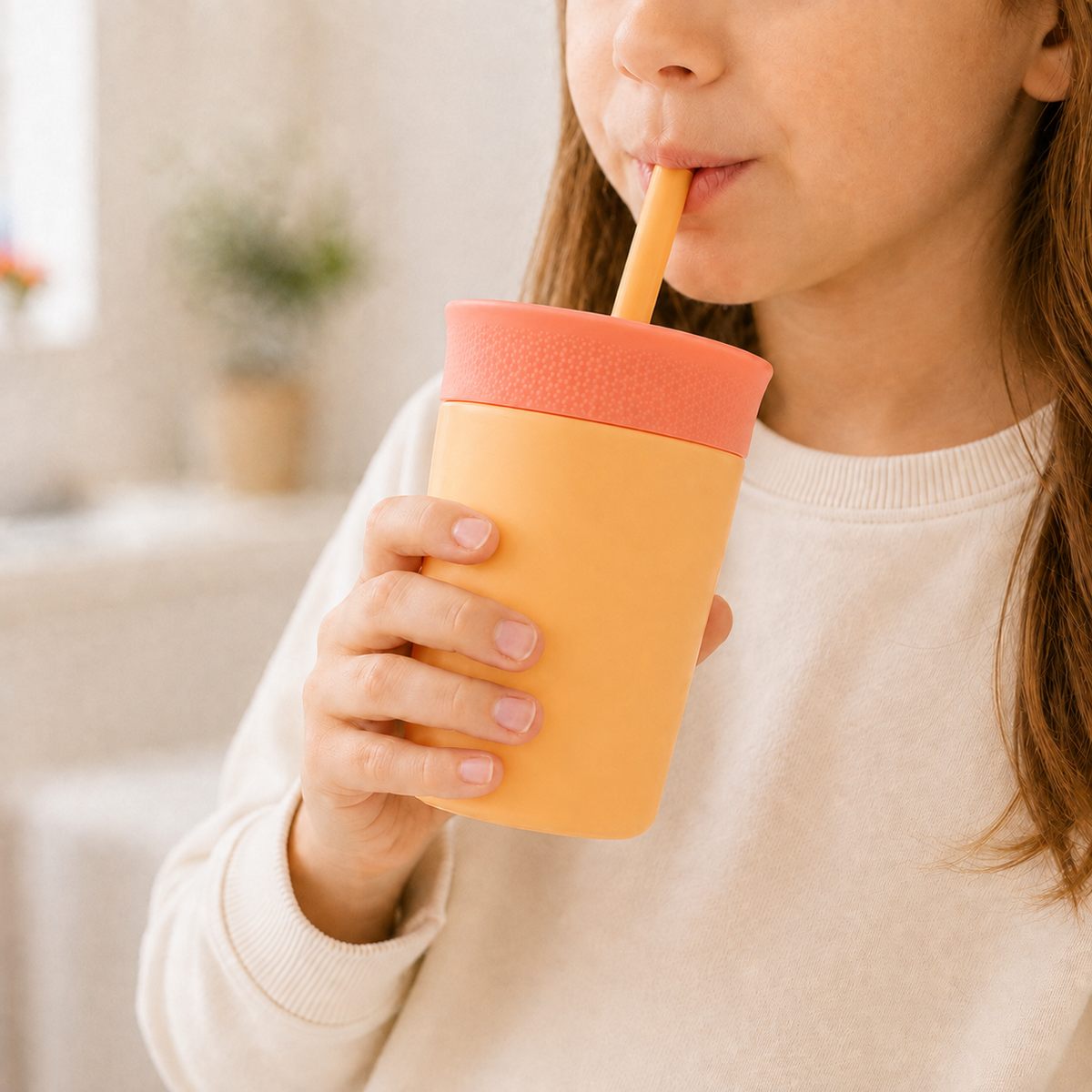 Kids Straw Tumbler 360ml | Insulated Stainless Steel | Spill & Leak-Proof | Sunset Mango