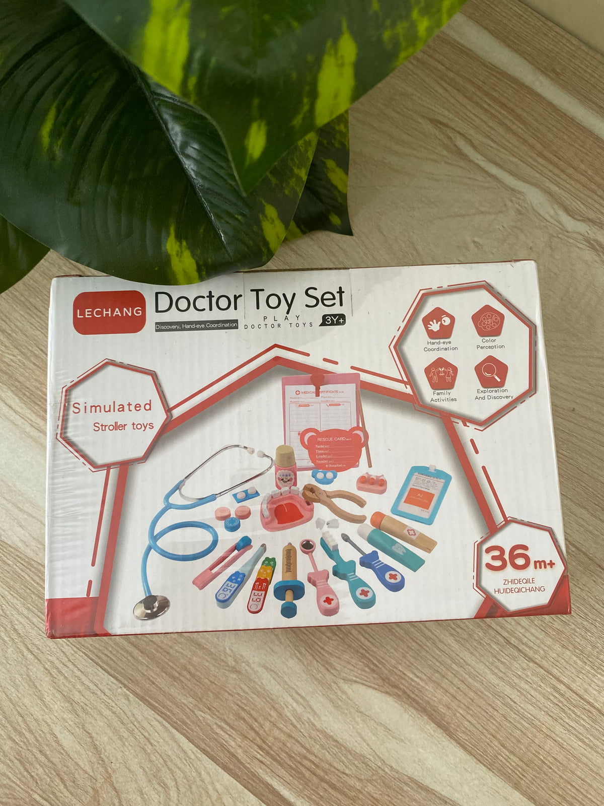 Premium wooden doctor toy set with stethoscope, syringe, and medical accessories in carrying case⁠