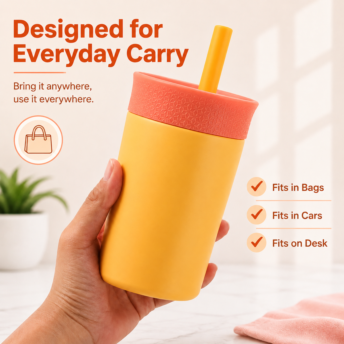 Kids Straw Tumbler 360ml | Insulated Stainless Steel | Spill & Leak-Proof | Sunset Mango