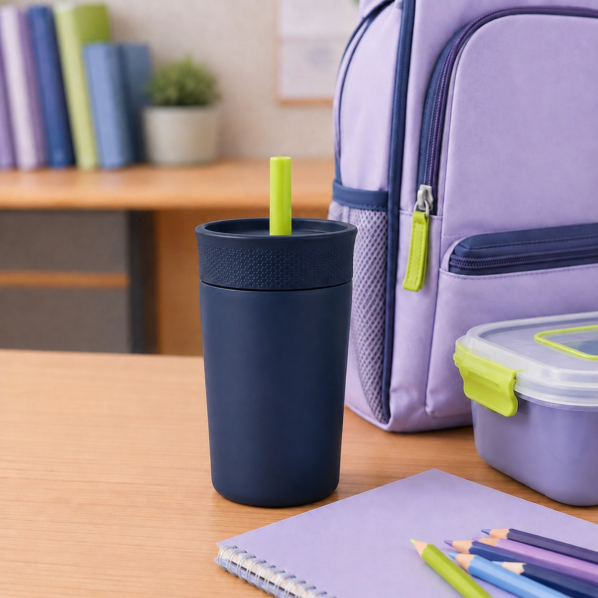 Kids Straw Tumbler 360ml | Insulated Stainless Steel | Spill & Leak-Proof | Blueberry Lime