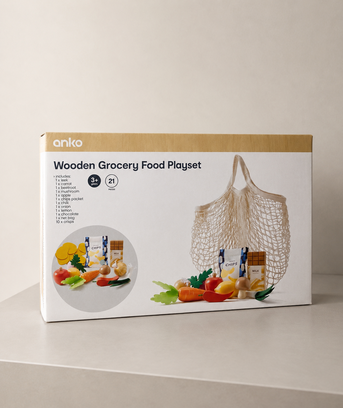 Anko Wooden Grocery Food Playset – 21 Piece Pretend Play Toy Set