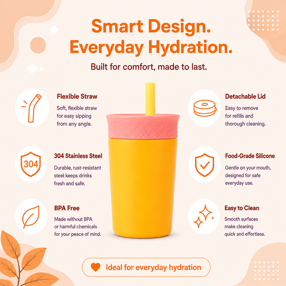Kids Straw Tumbler 360ml | Insulated Stainless Steel | Spill & Leak-Proof | Sunset Mango