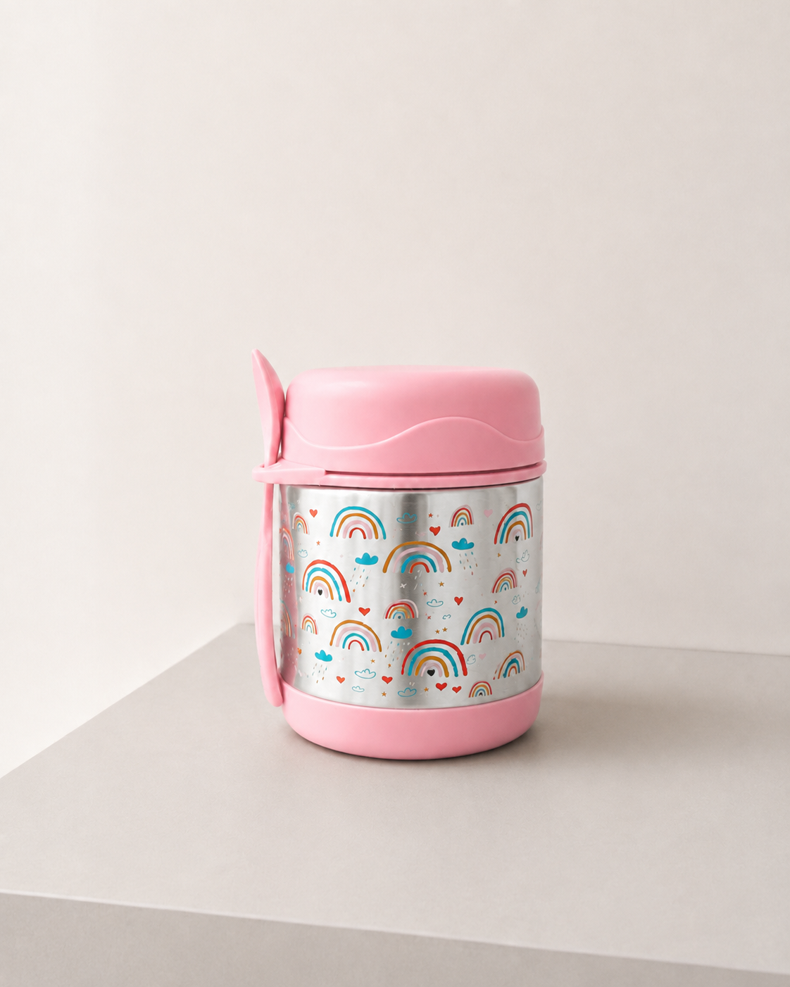 Kids Stainless Steel Insulated Food Jar with Spoon – Pink Rainbow Design - 325ml