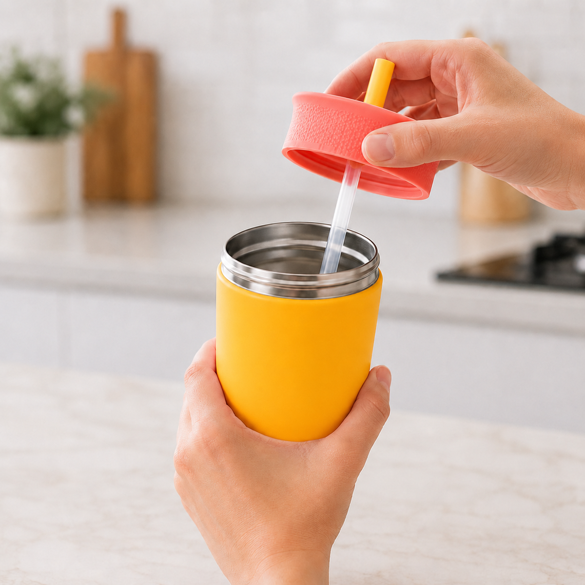 Kids Straw Tumbler 360ml | Insulated Stainless Steel | Spill & Leak-Proof | Sunset Mango