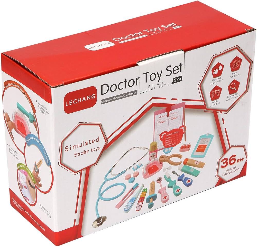 Premium wooden doctor toy set with stethoscope, syringe, and medical accessories in carrying case⁠