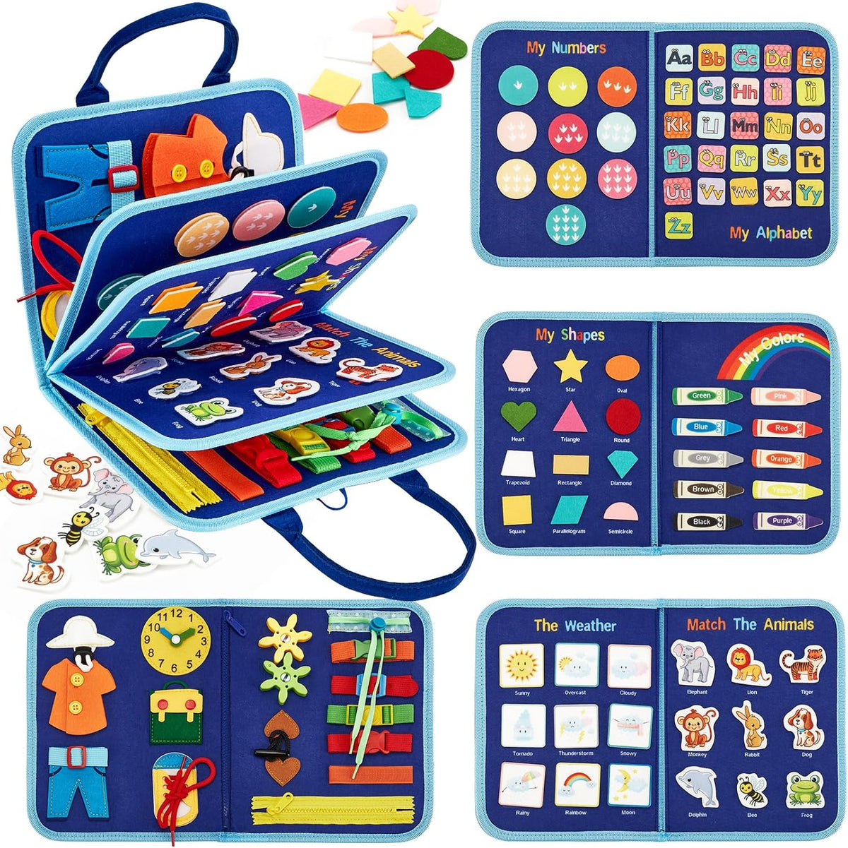 8-Page Montessori Felt Busy Book for Kids – Interactive Quiet Book & Early Learning Activity Toy