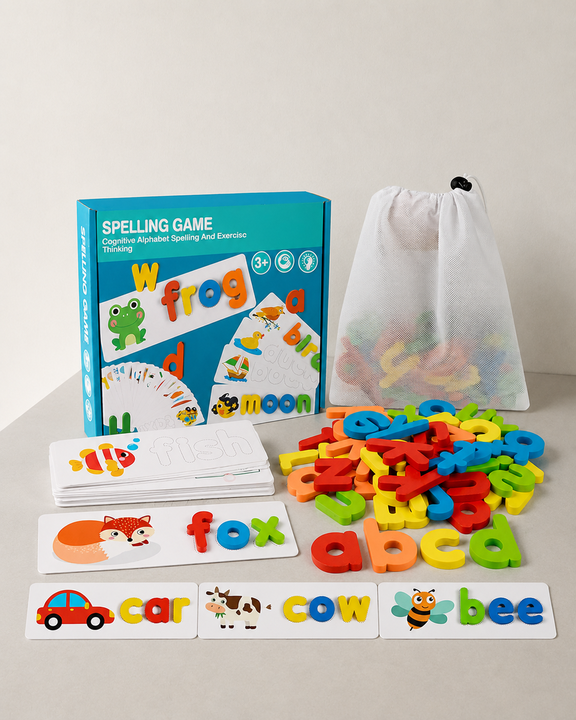 Wooden Alphabet Spelling Game for Kids – 52 Letters & 28 Word Cards