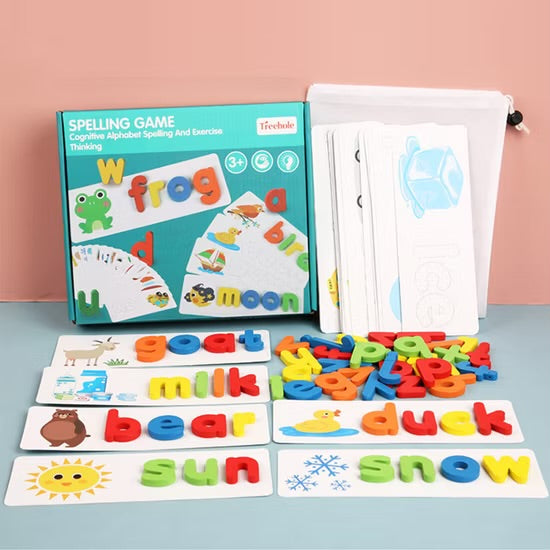 Wooden Alphabet Spelling Game for Kids – 52 Letters & 28 Word Cards